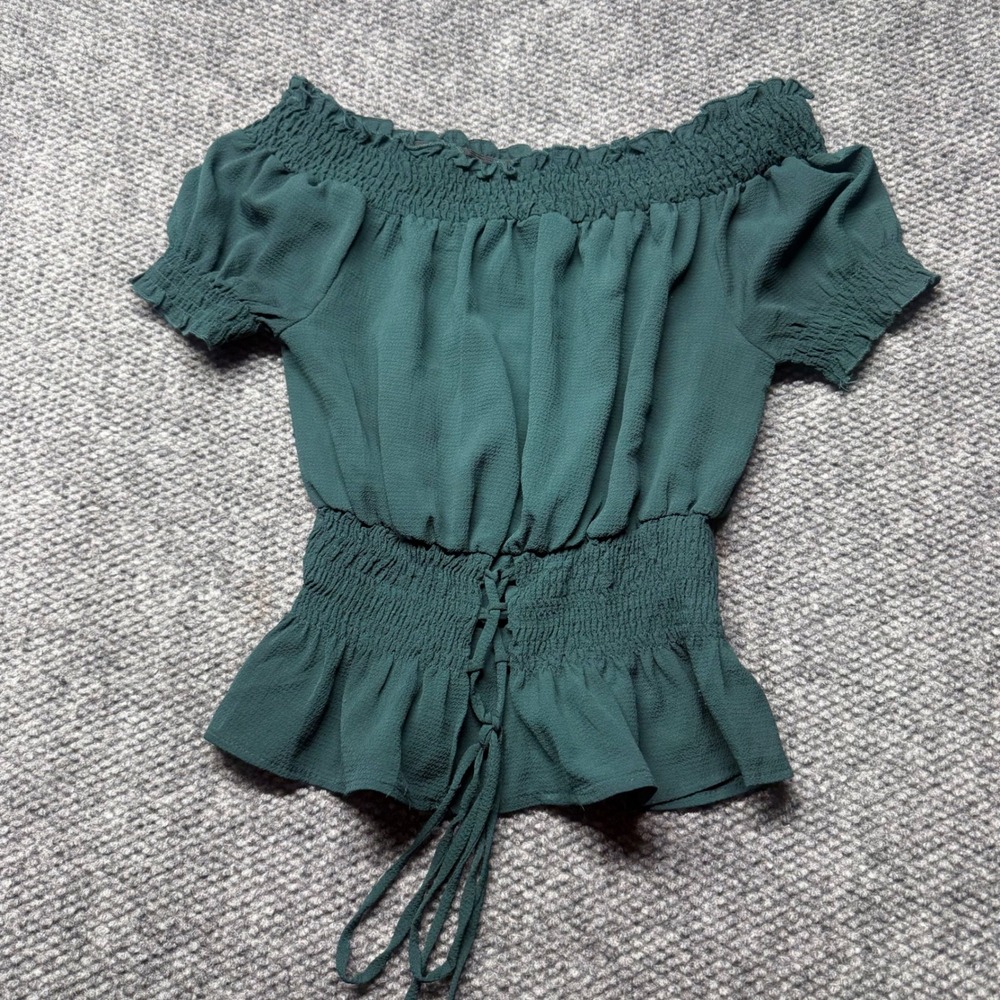 Blashe Forest Green Smocked Off Shoulder Peplum Blouse M boho coquette corset